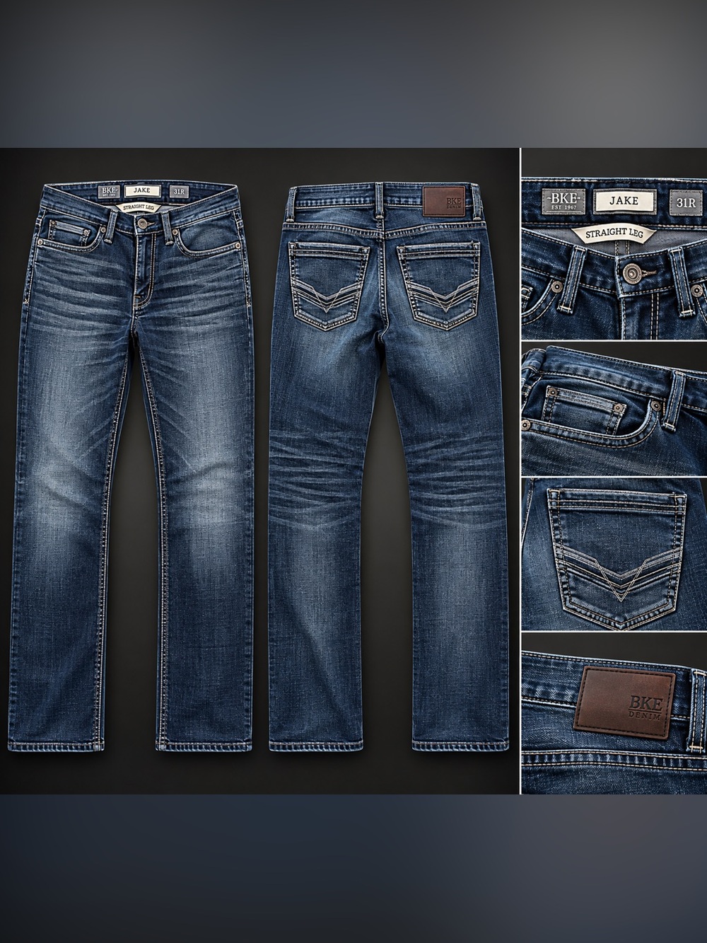 BKE Jake Men’s Straight Leg Jeans 31R Dark Wash Distressed Denim